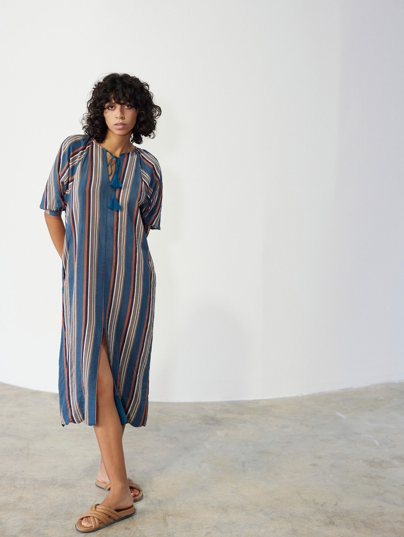 Vestido Skatie Algodón Rayas Verticales con Cintas